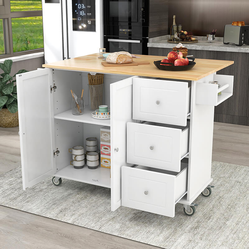Front view of the white rolling kitchen island showcasing its solid wood top and drawers.