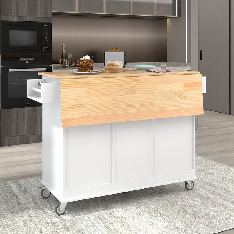 Front view of the white rolling kitchen island showcasing its solid wood top and drawers.