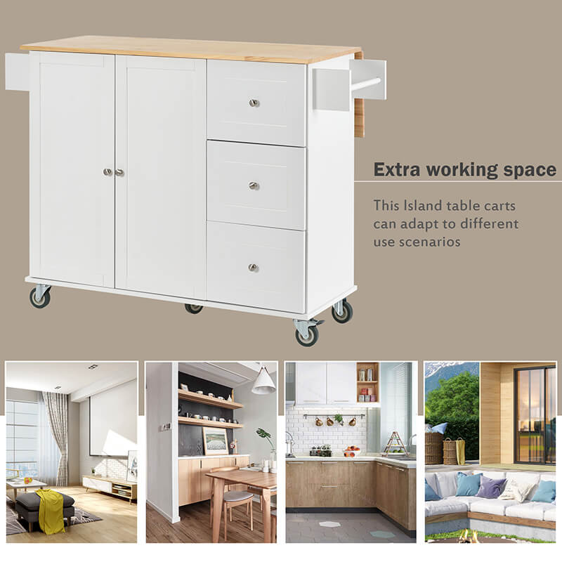 Side view of the mobile kitchen cart with the drop leaf extended for extra workspace.