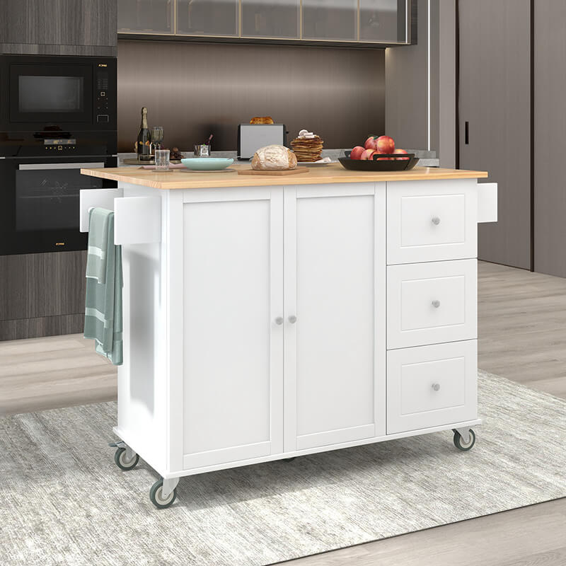 Side view of the mobile kitchen cart with the drop leaf extended for extra workspace.