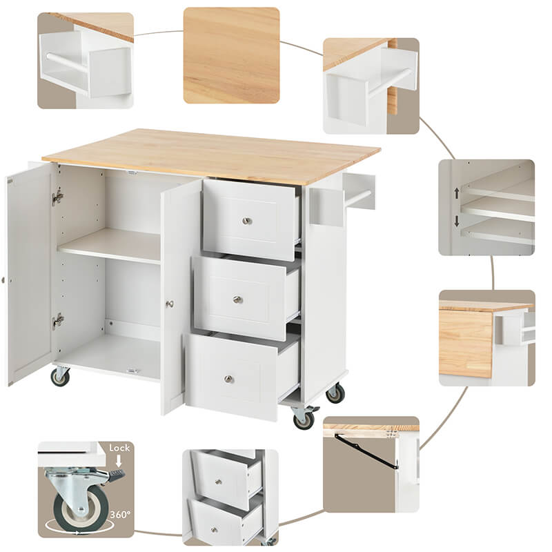 Side view of the mobile kitchen cart with the drop leaf extended for extra workspace.