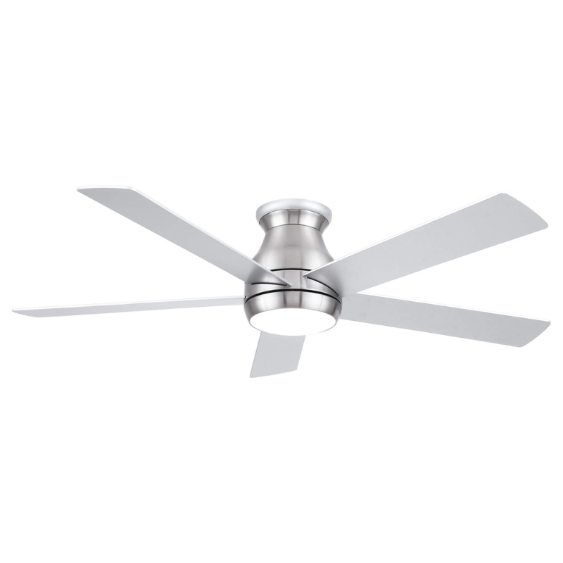 Remote control for the brushed nickel ceiling fan displayed on a table