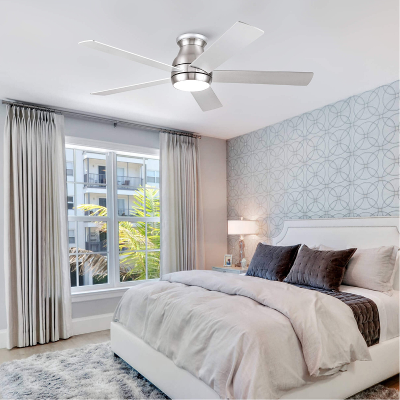 Close-up view of the ceiling fans silver blades and brushed nickel finish