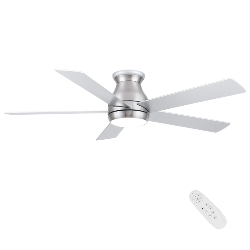 Brushed nickel ceiling fan in living room setting with light on
