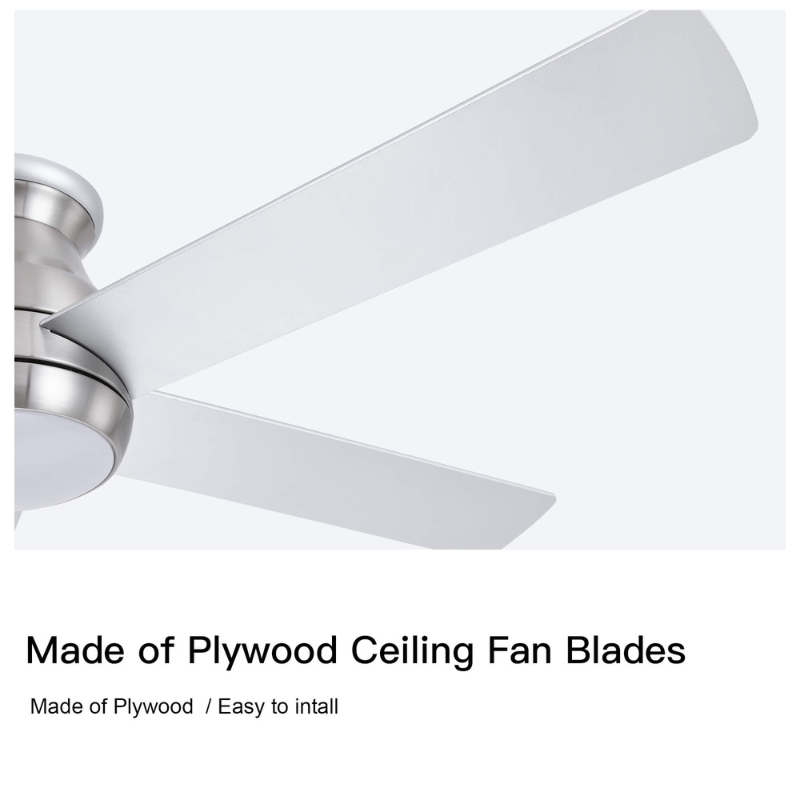 Close-up view of the ceiling fans silver blades and brushed nickel finish