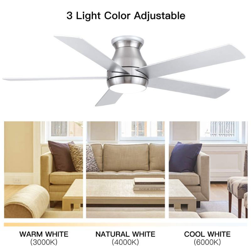 Close-up view of the ceiling fans silver blades and brushed nickel finish
