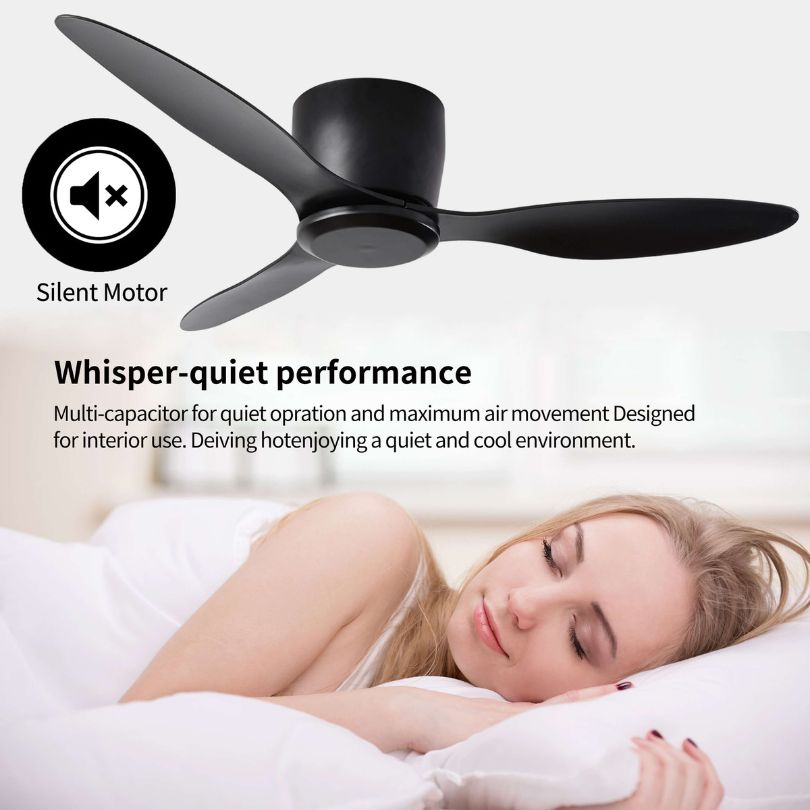Stylish matte black ceiling fan in a modern living room, highlighting its air circulation features.