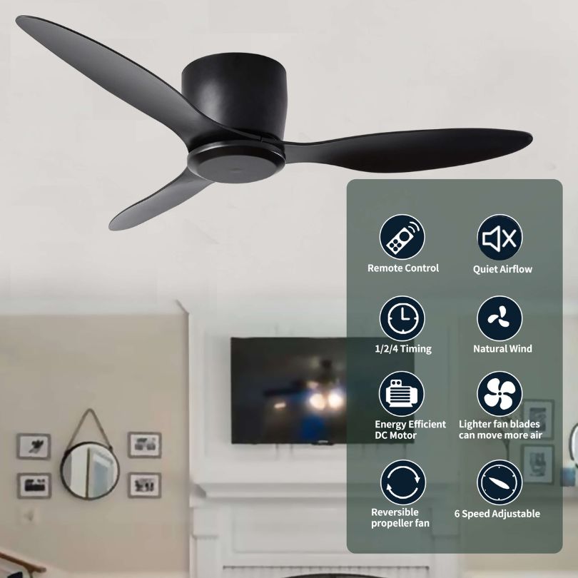 Remote control for the 52" matte black ceiling fan, demonstrating its ease of use and functionality.