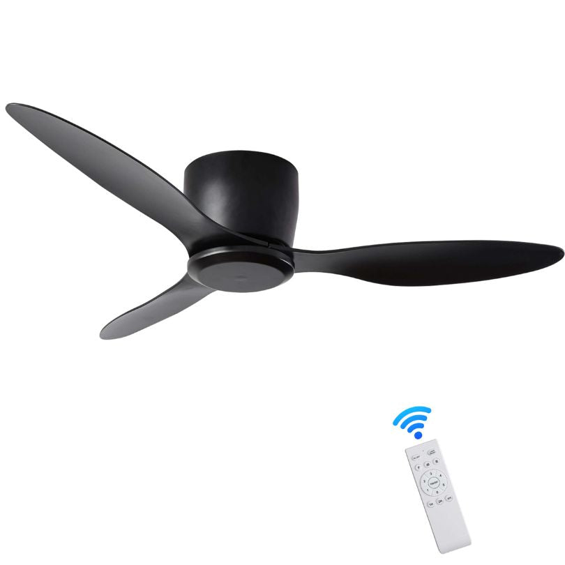 Stylish matte black ceiling fan in a modern living room, highlighting its air circulation features.