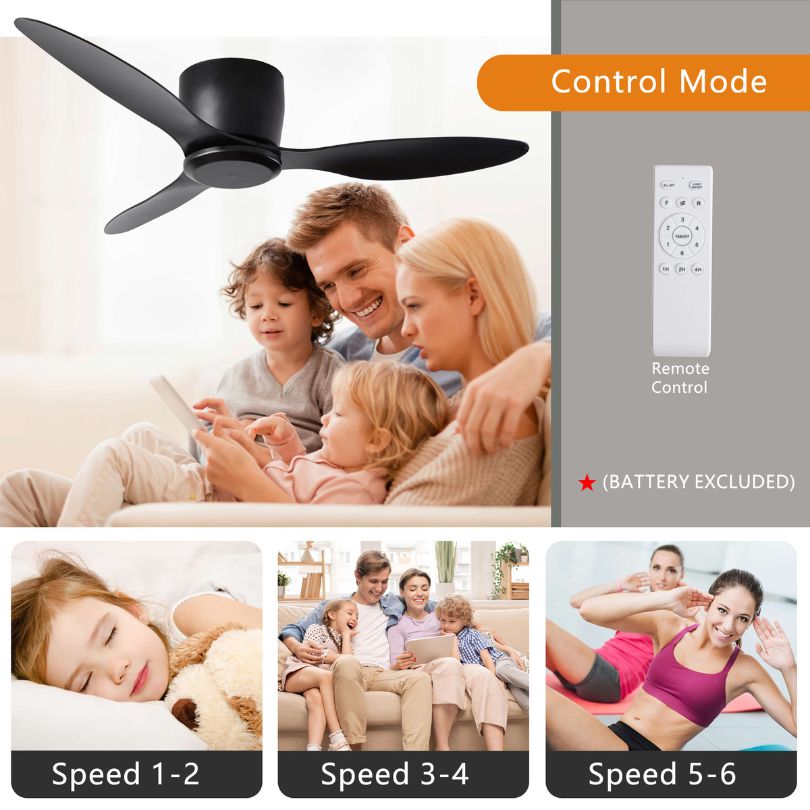 Chic 52" matte black ceiling fan with remote control, showing elegant design and blades.