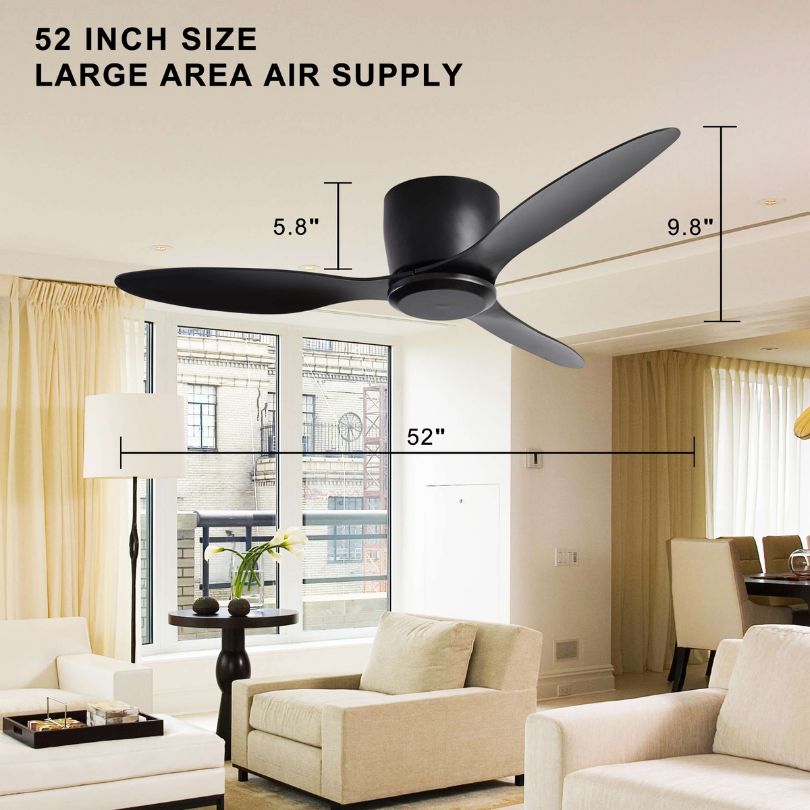 Stylish matte black ceiling fan in a modern living room, highlighting its air circulation features.