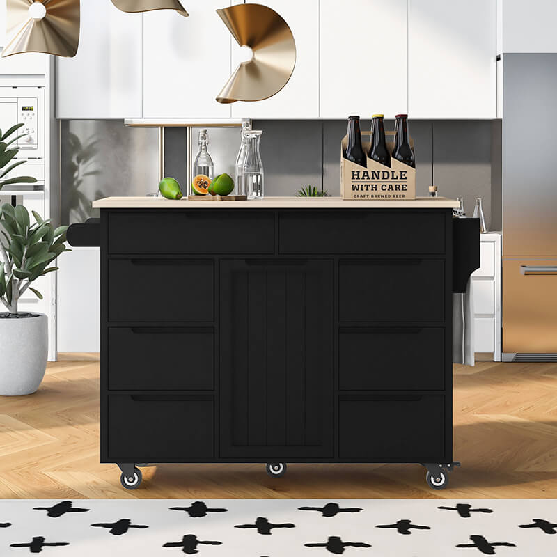 Elegant black kitchen cart featuring eight handle-free drawers, perfect for organizing kitchen essentials.