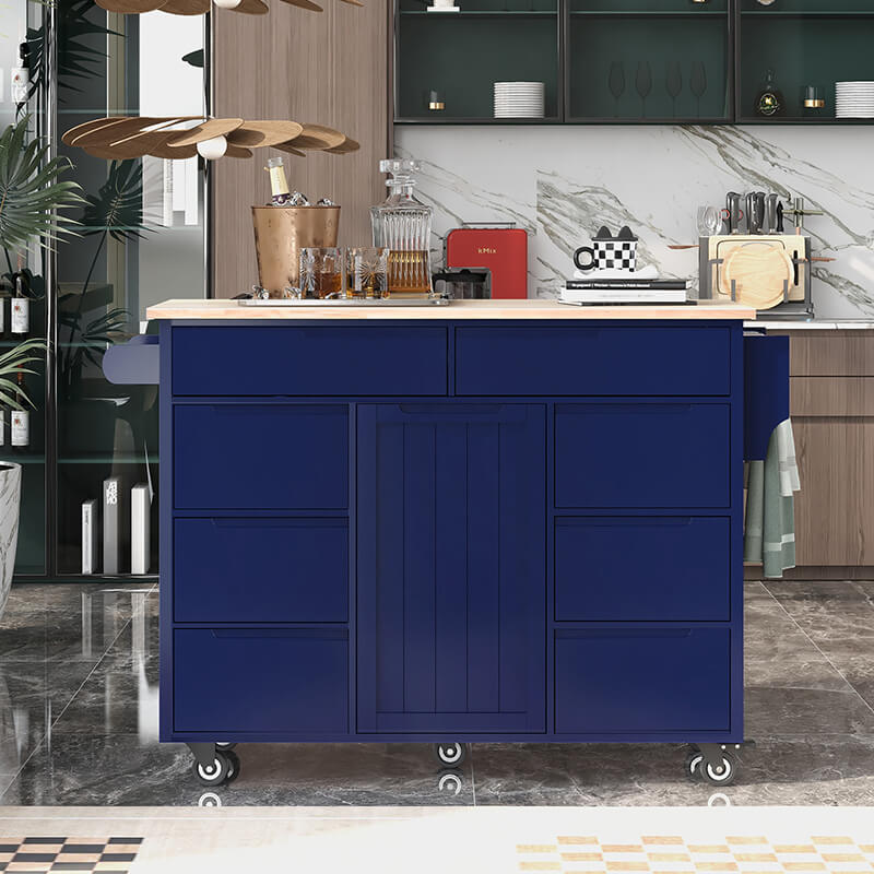 Elegant dark blue wood kitchen island showcasing 8 drawers and 5 wheels.