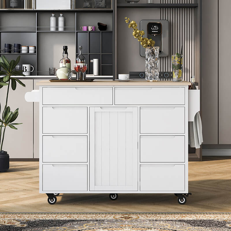 Front view of the white kitchen cart with 8 drawers and 5 wheels, showcasing its storage capacity.