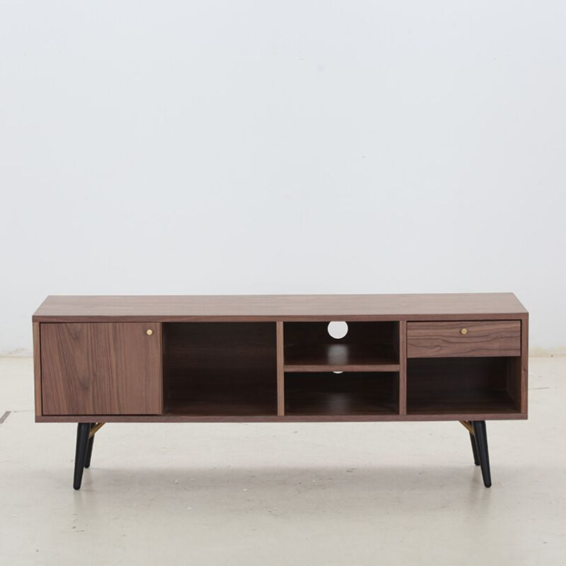 Front view of the 54-inch walnut media console TV stand showcasing its sleek low profile design.
