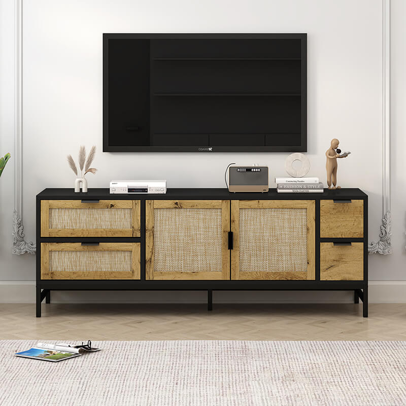 Front view of the 59-inch rustic rattan TV stand showcasing its elegant design and adjustable shelves.