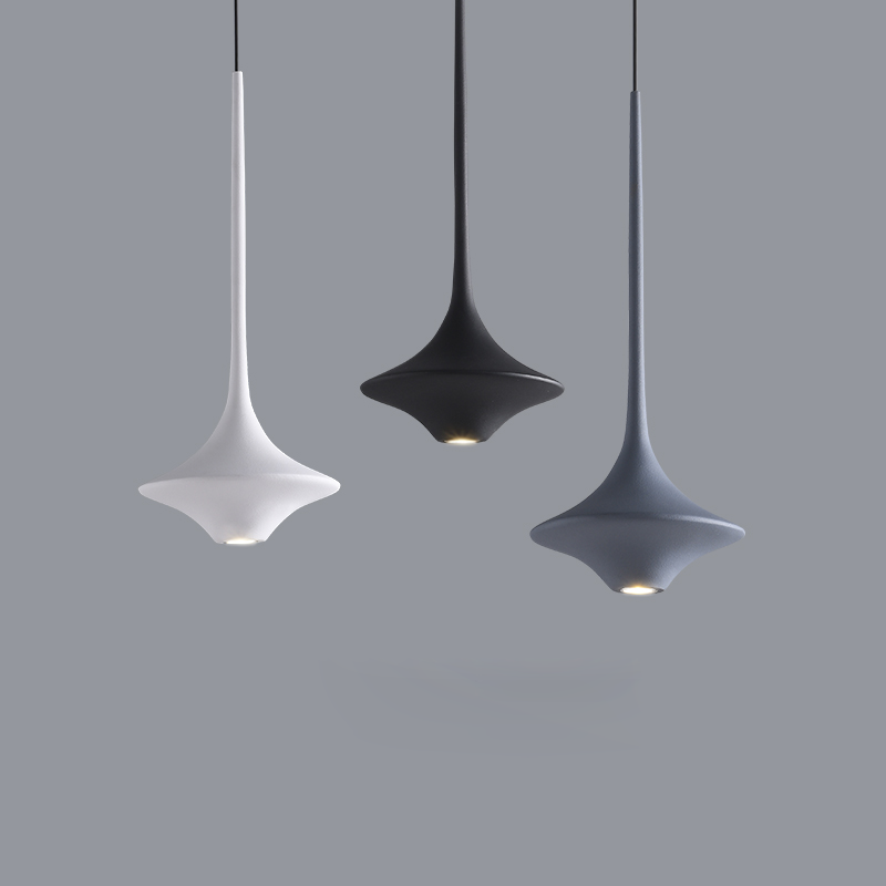 Close-up view of the LED pendant light, emphasizing the resin material and innovative touch switch feature.