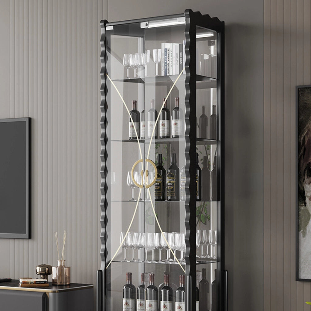Close-up of the glass doors on the modern wine cabinet highlighting the organization of wine bottles.