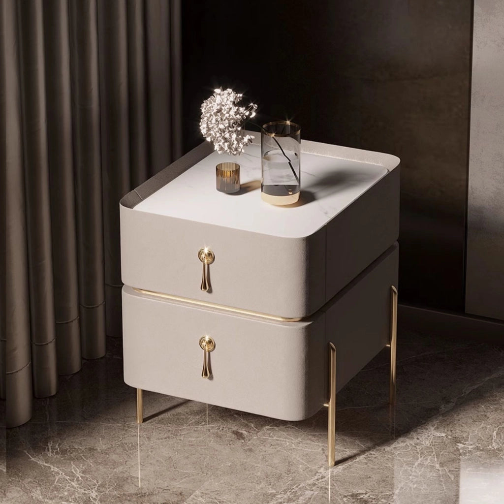Close-up of the luxurious PU leather texture on the nightstand.