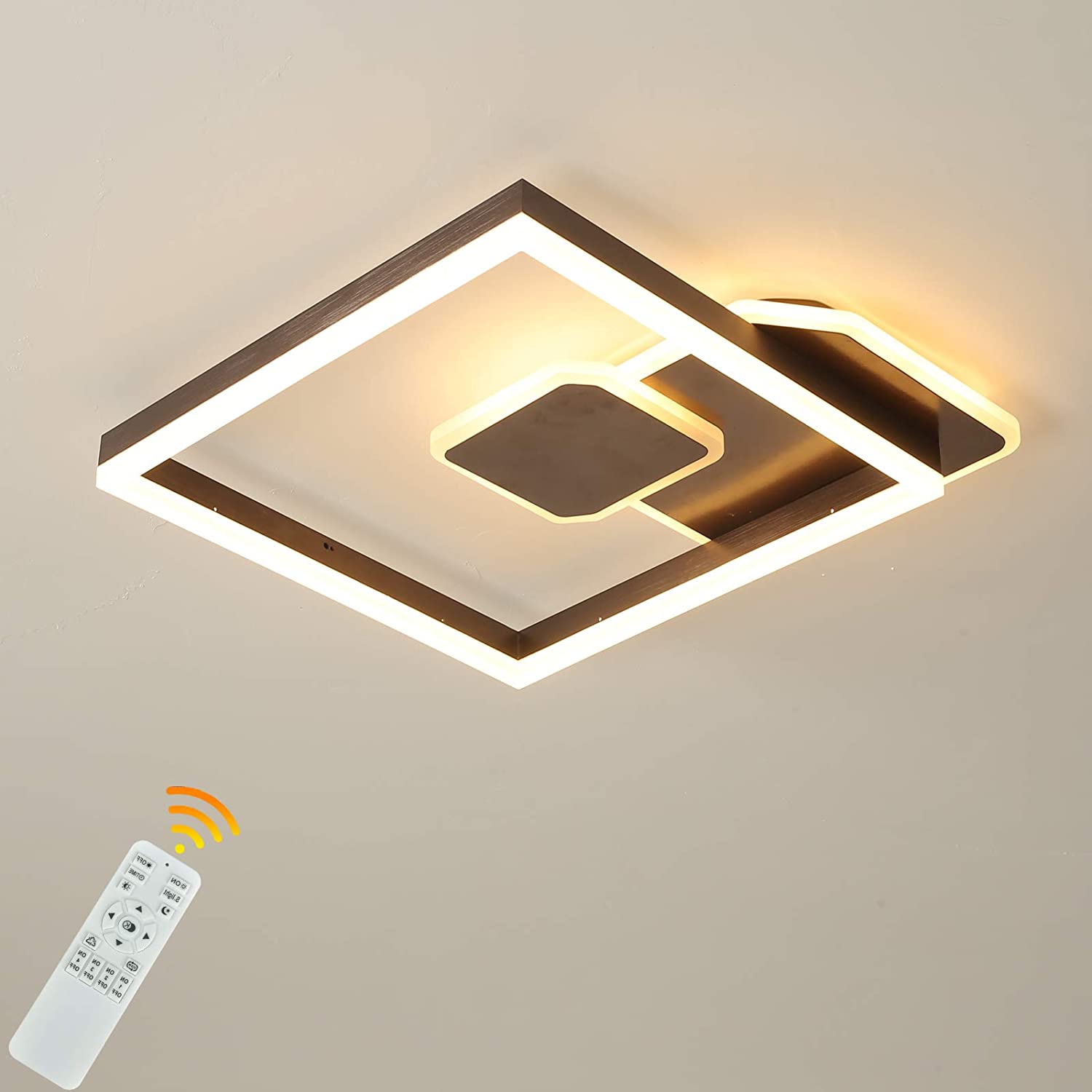 Acrylic shade LED flush mount ceiling light illuminating a modern living room.