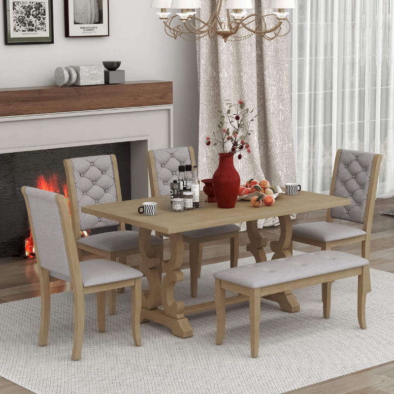 Stylish 6-piece retro dining set with tufted chairs and unique table legs, gray wash finish.