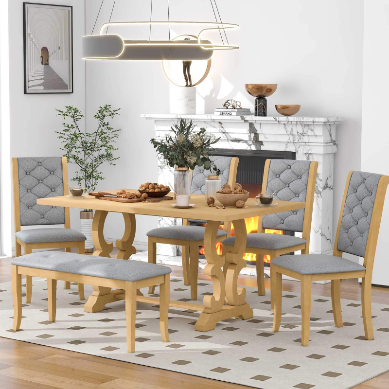 Retro dining set showcasing the unique wooden dining table and tufted chairs from a side angle.