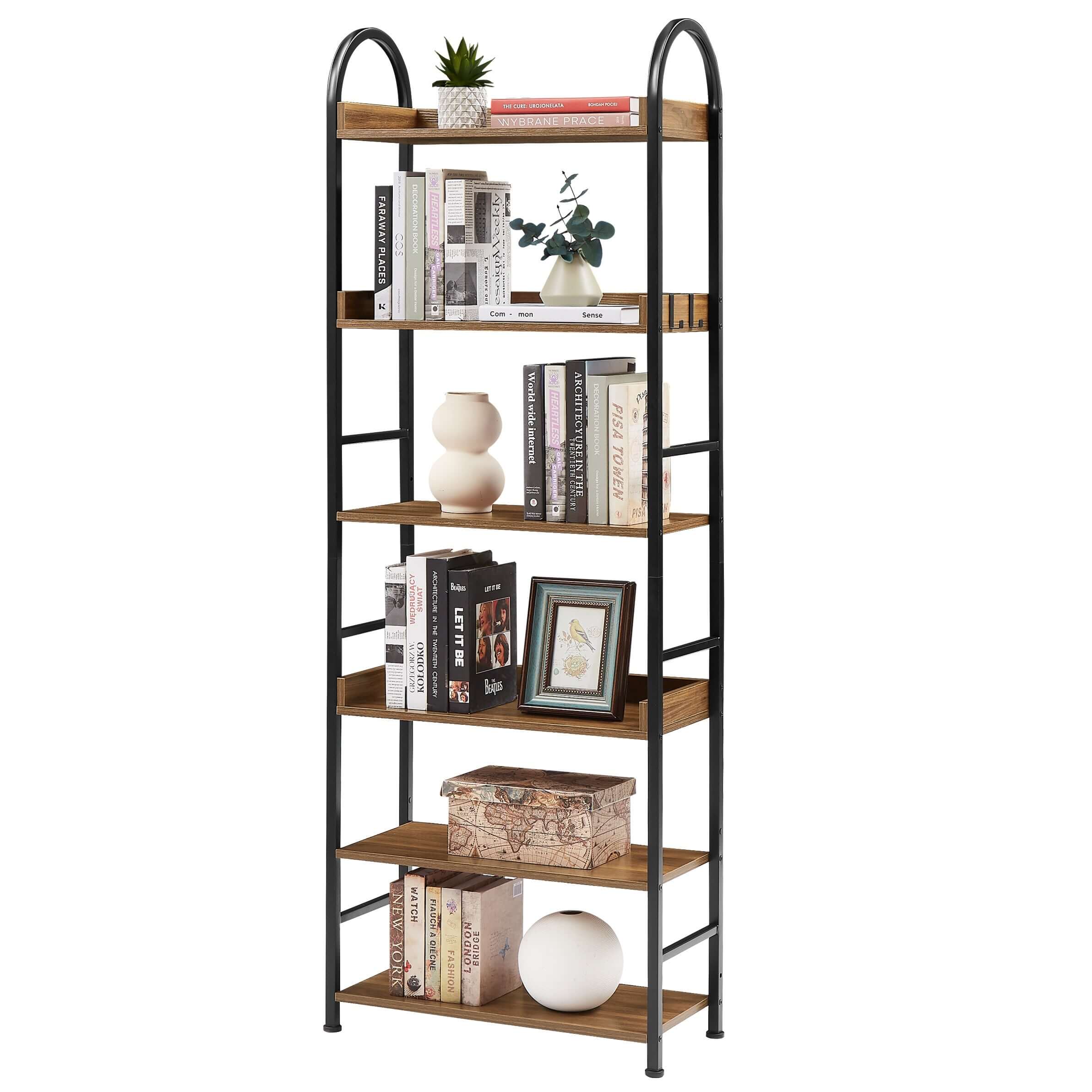 Lifestyle shot of the bookshelf in a cozy living room setting, displaying books and decorative plants.