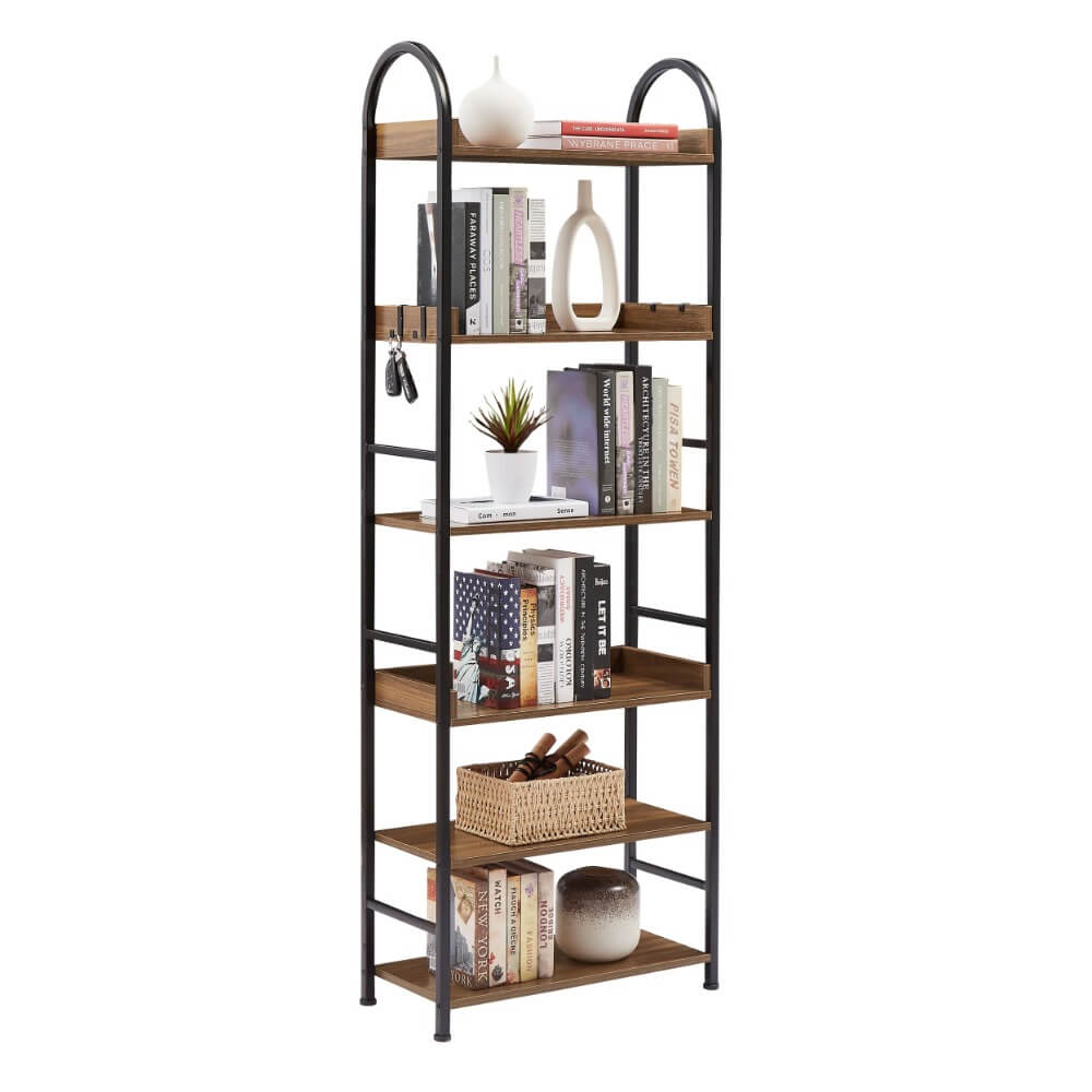 Angle view of the industrial 6-tier freestanding bookshelf showcasing its sturdy design and adjustable shelves.