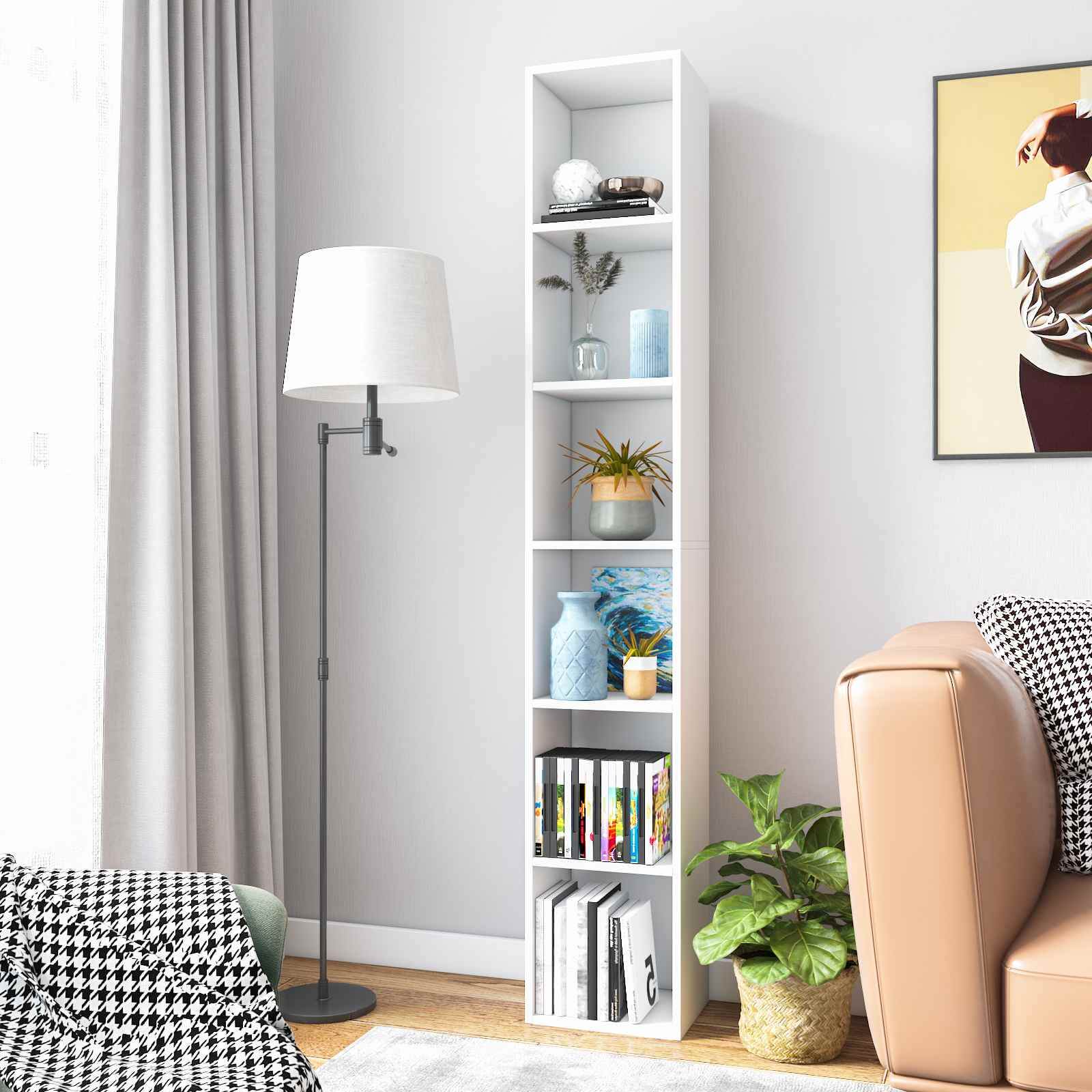 Elegant freestanding bookcase showcasing books and decor in a bright living room.