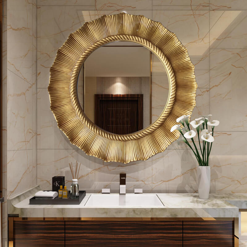 Front view of the round vintage sunflower wall mirror showcasing its intricate design and high-definition glass.