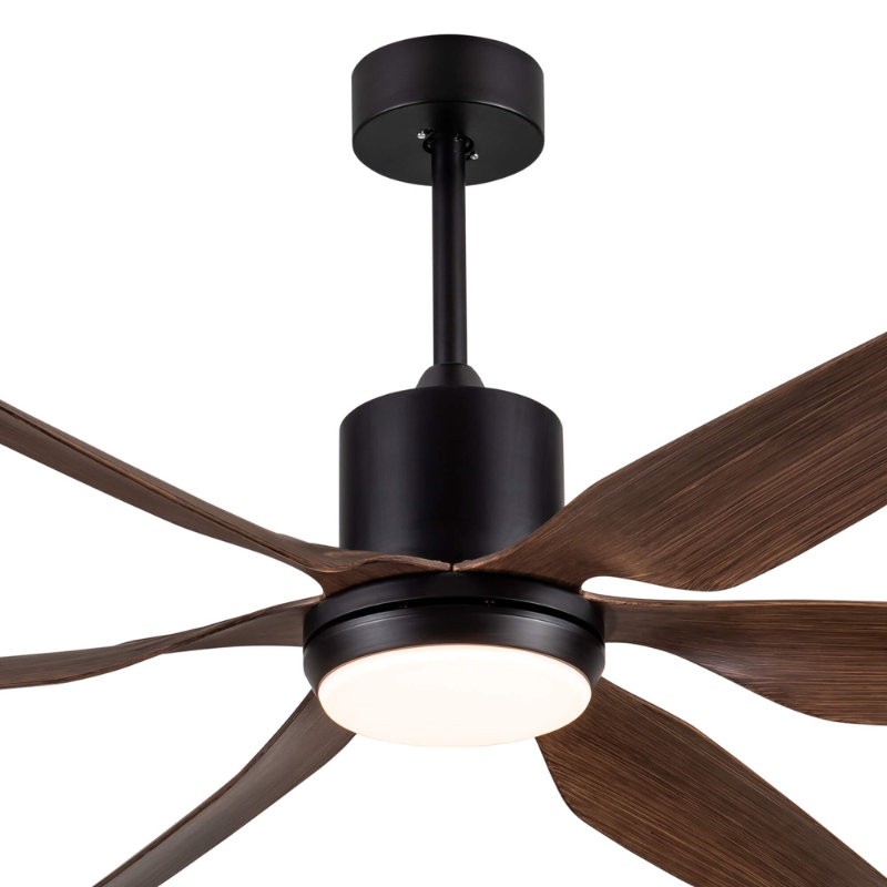 Bright LED lights of the wooden ceiling fan illuminating a stylish room