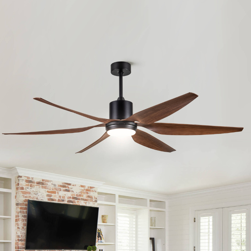 Vintage wooden ceiling fan with remote control in a cozy living room