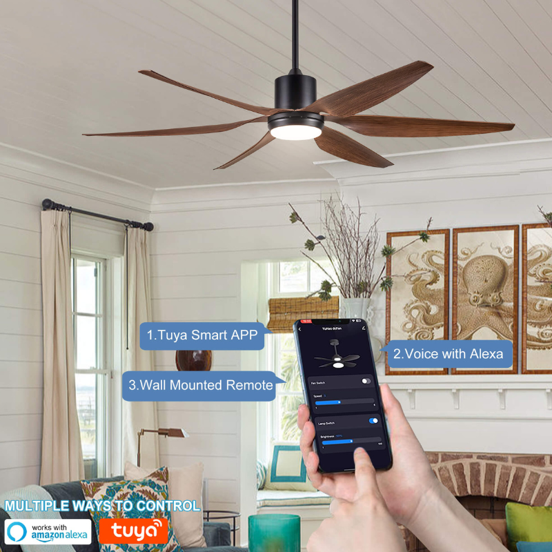 Bright LED lights of the wooden ceiling fan illuminating a stylish room
