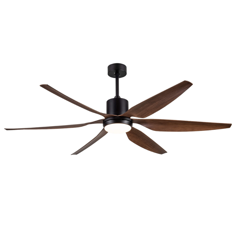 Close-up of the six brown blades of the farmhouse ceiling fan