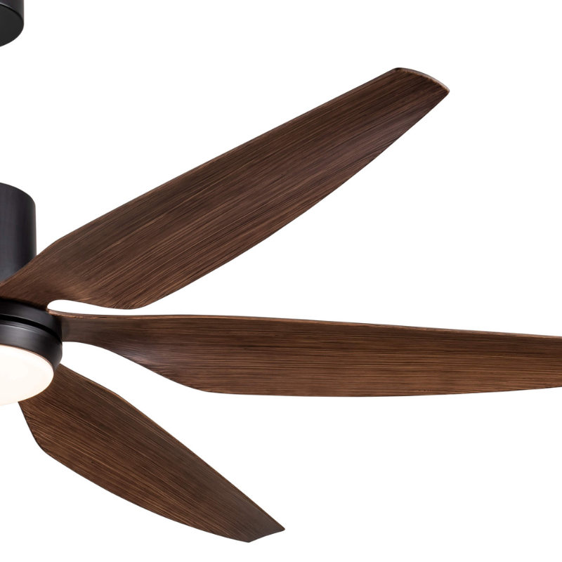 Vintage wooden ceiling fan with remote control in a cozy living room
