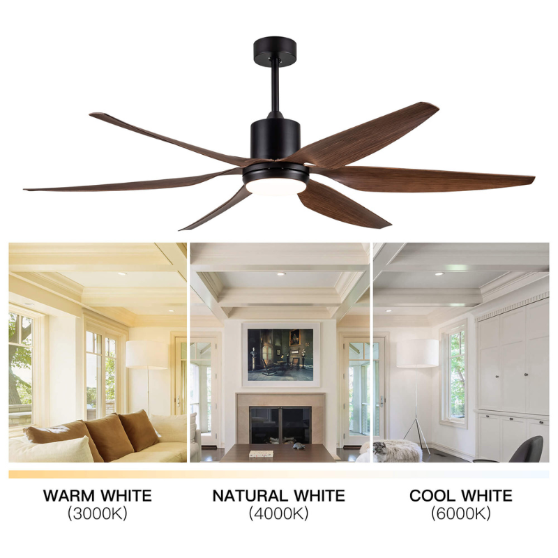 Close-up of the six brown blades of the farmhouse ceiling fan