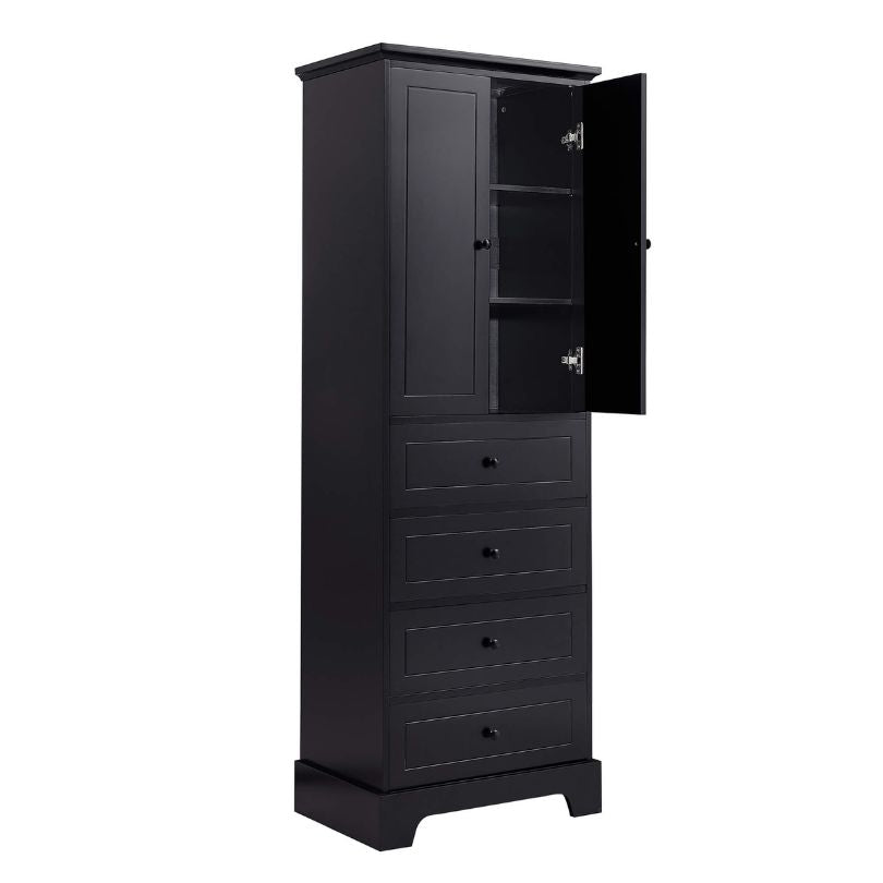 Side view of the modern black bathroom cabinet showcasing drawers.
