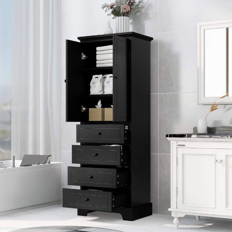 Full front view of the stylish 68-inch black bathroom cabinet.