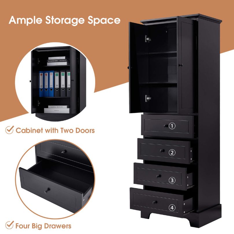 Close-up of the adjustable shelf inside the black bathroom cabinet.