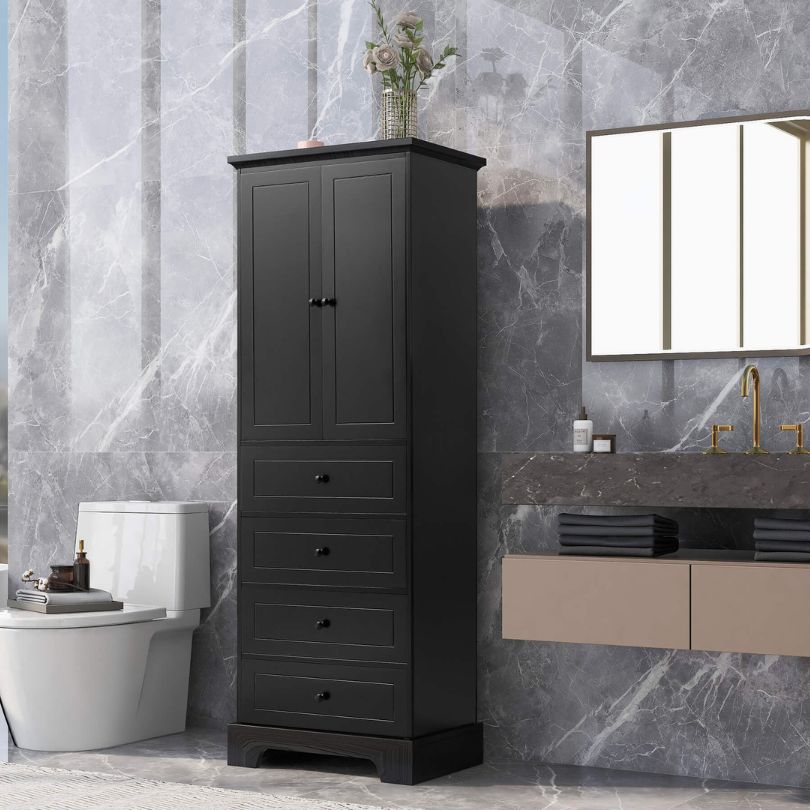 Side view of the modern black bathroom cabinet showcasing drawers.