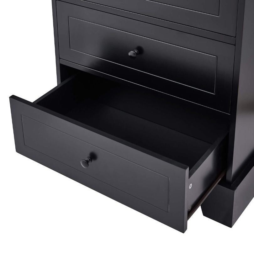 Close-up of the adjustable shelf inside the black bathroom cabinet.