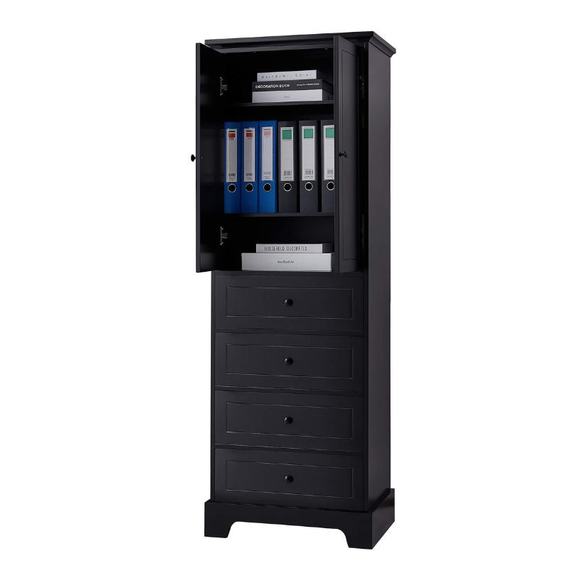 Side view of the modern black bathroom cabinet showcasing drawers.