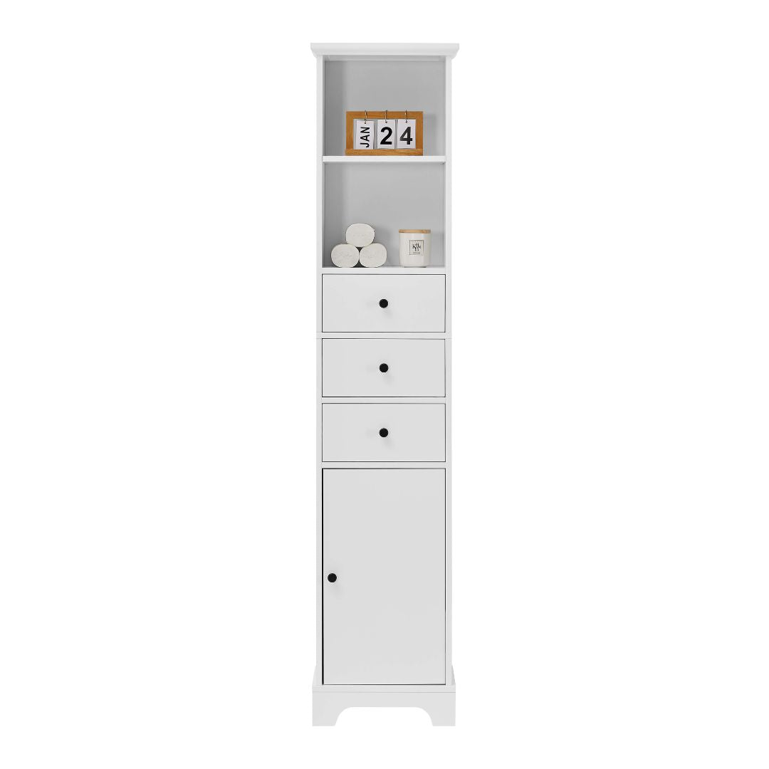 Side angle of the white cabinet displaying its spacious interior and modern design.