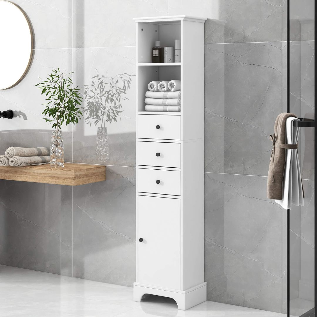 Front view of the 68-inch white bathroom cabinet with three drawers and adjustable shelves.
