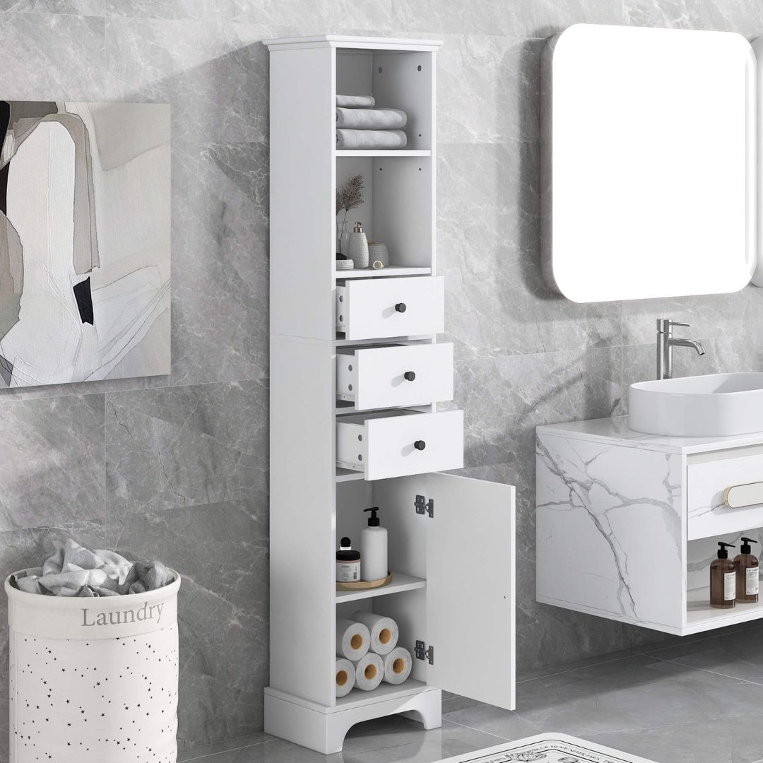 Open view of the cabinet illustrating the adjustable shelves and drawer space for organized storage.