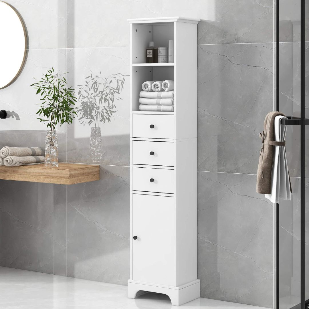 Side angle of the white cabinet displaying its spacious interior and modern design.