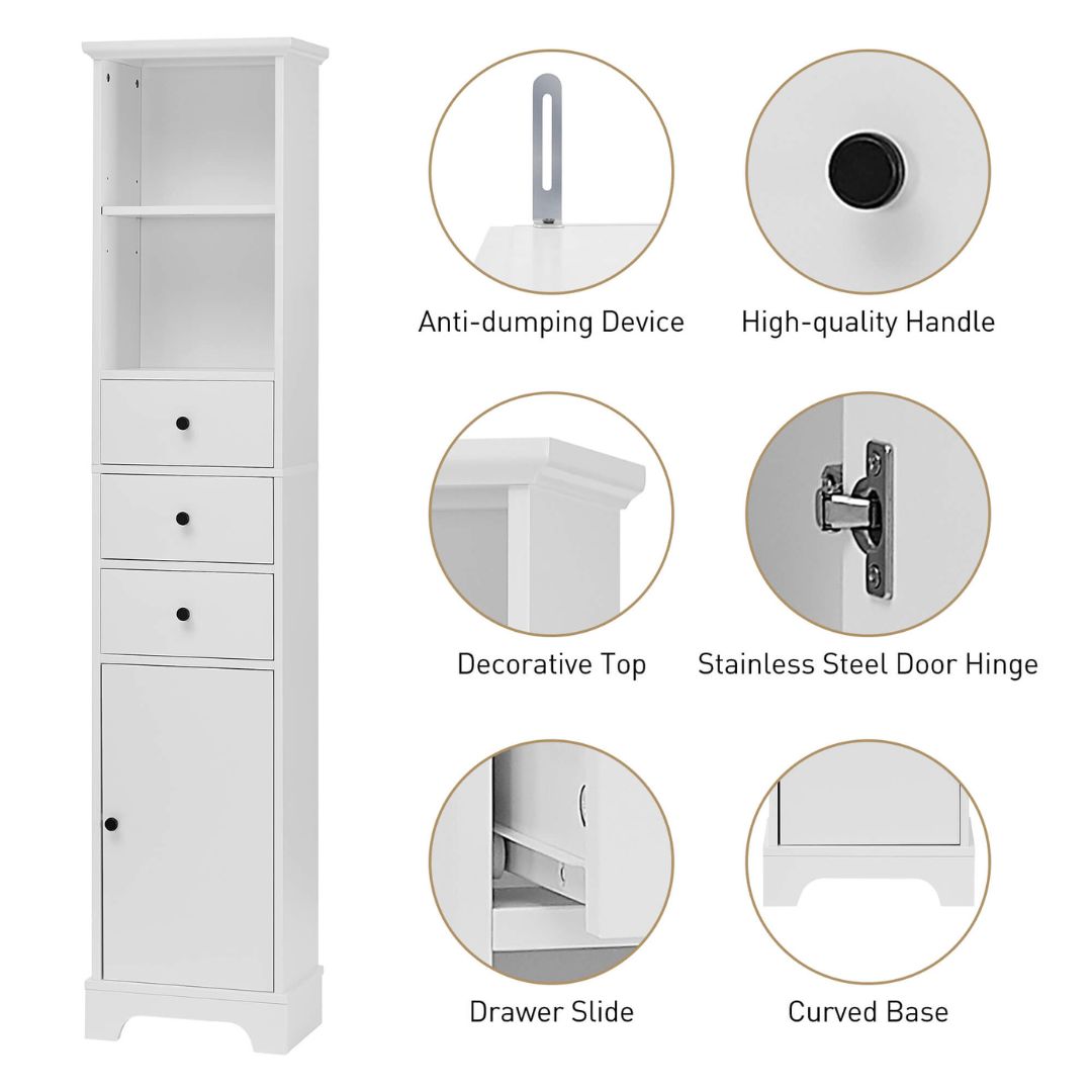 Front view of the 68-inch white bathroom cabinet with three drawers and adjustable shelves.