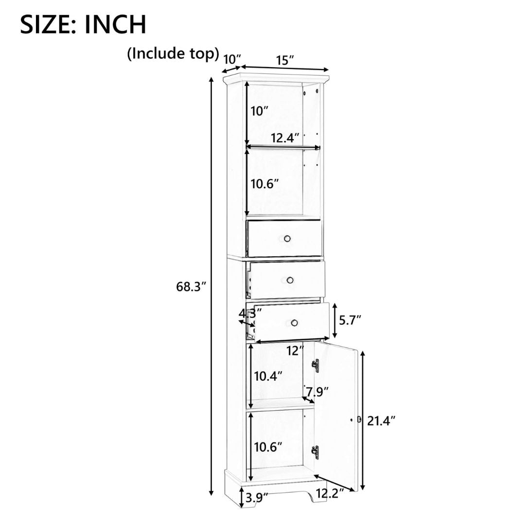 Front view of the 68-inch white bathroom cabinet with three drawers and adjustable shelves.