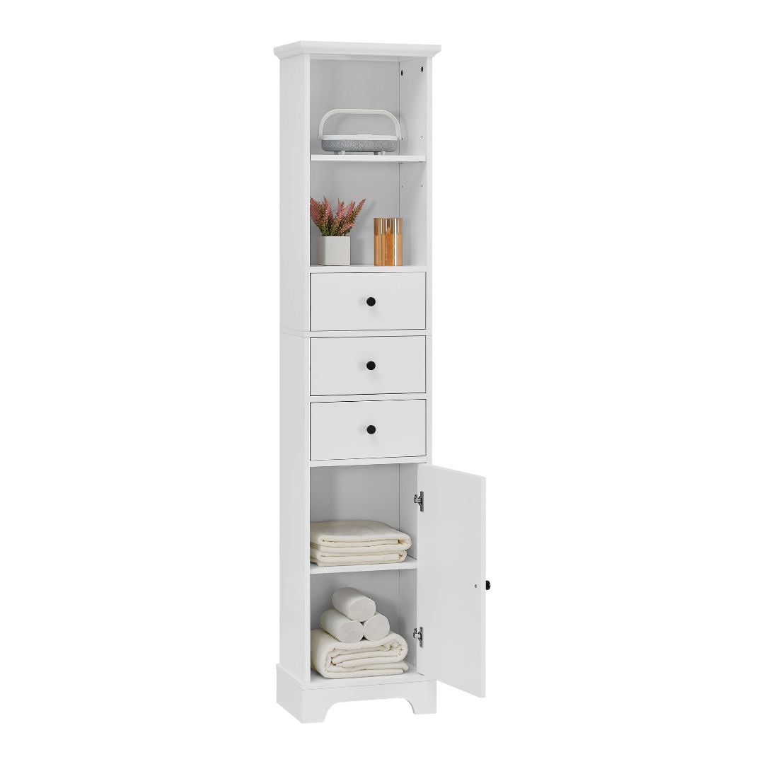 Open view of the cabinet illustrating the adjustable shelves and drawer space for organized storage.