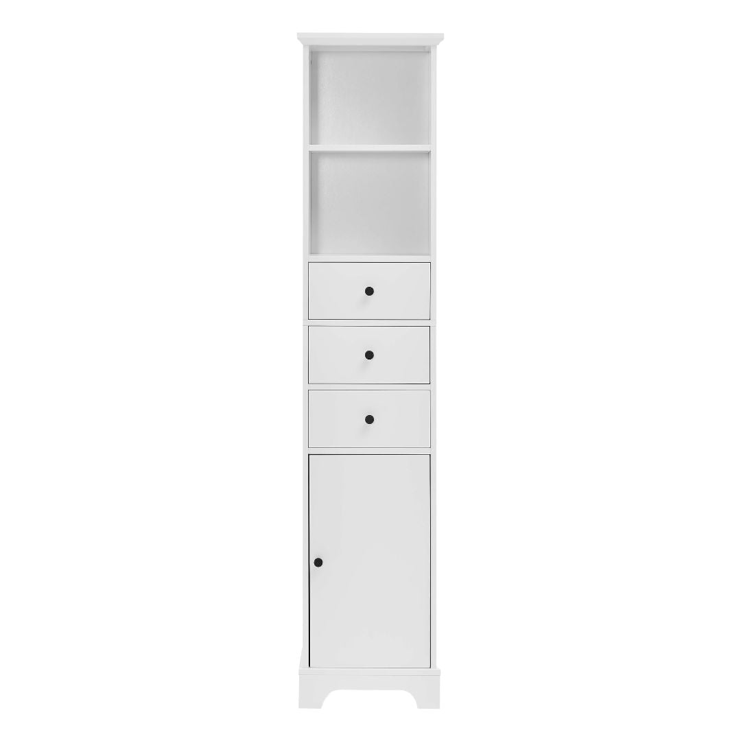 Front view of the 68-inch white bathroom cabinet with three drawers and adjustable shelves.